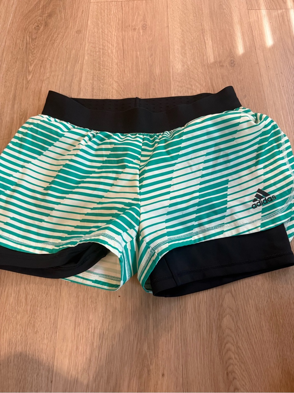 adidas Women's Teal and White Striped Athletic Shorts adult medium